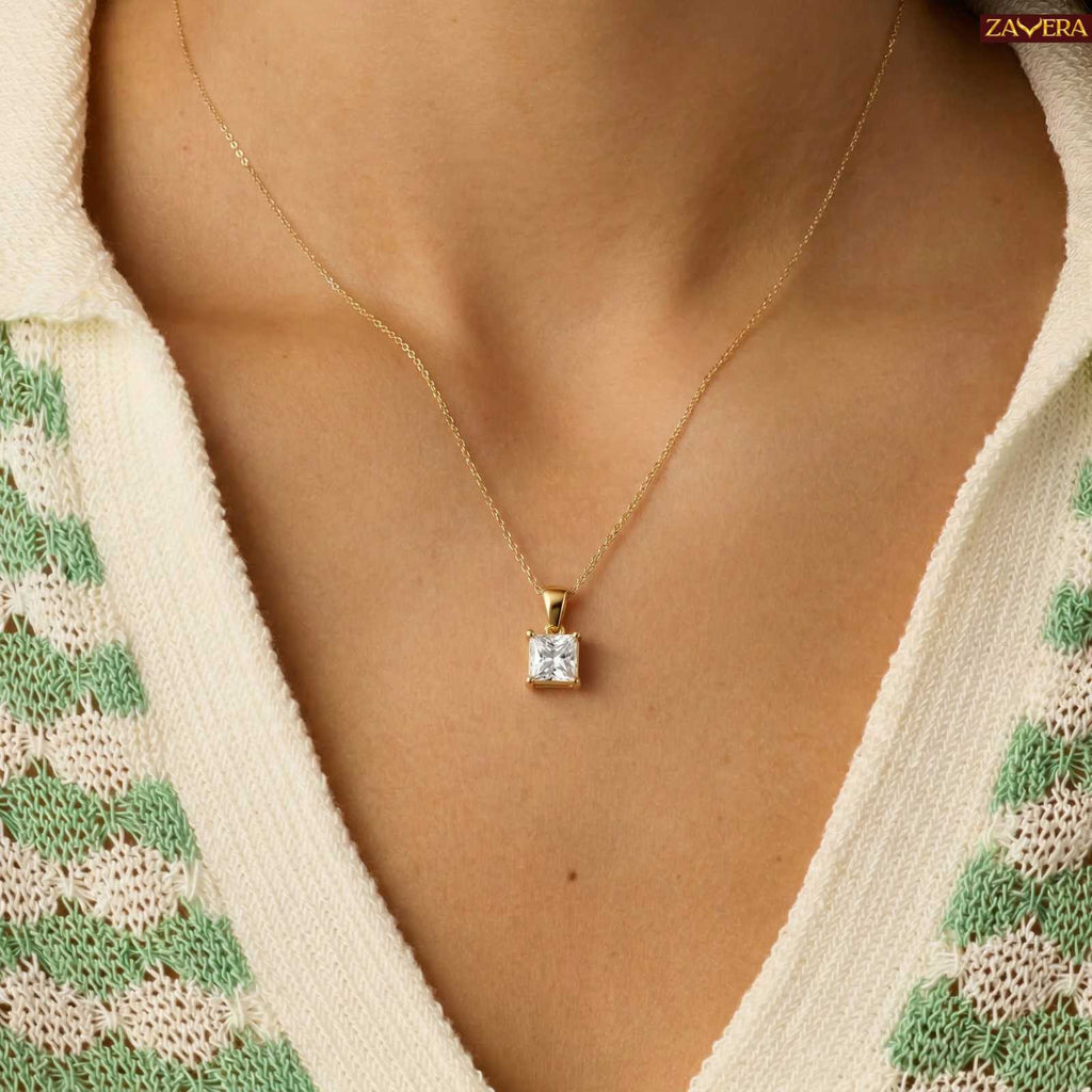 Zavera Square Solitaire Pendant with Earrings Set Gold Plated