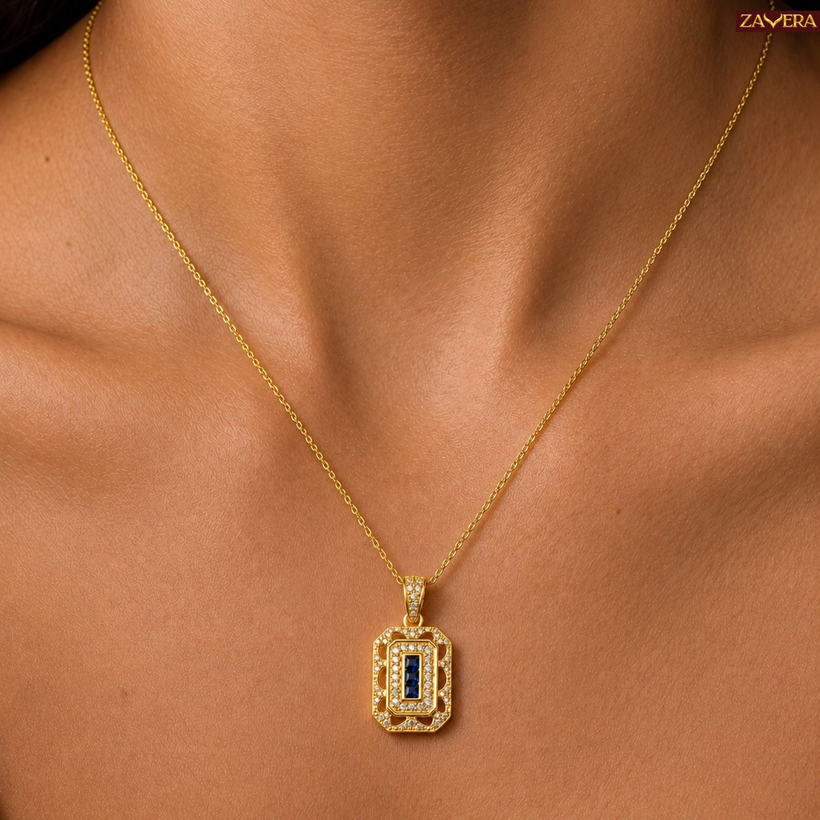 Zavera Gold Plated Art Deco Blue Sapphire CZ Pendant Necklace for Women