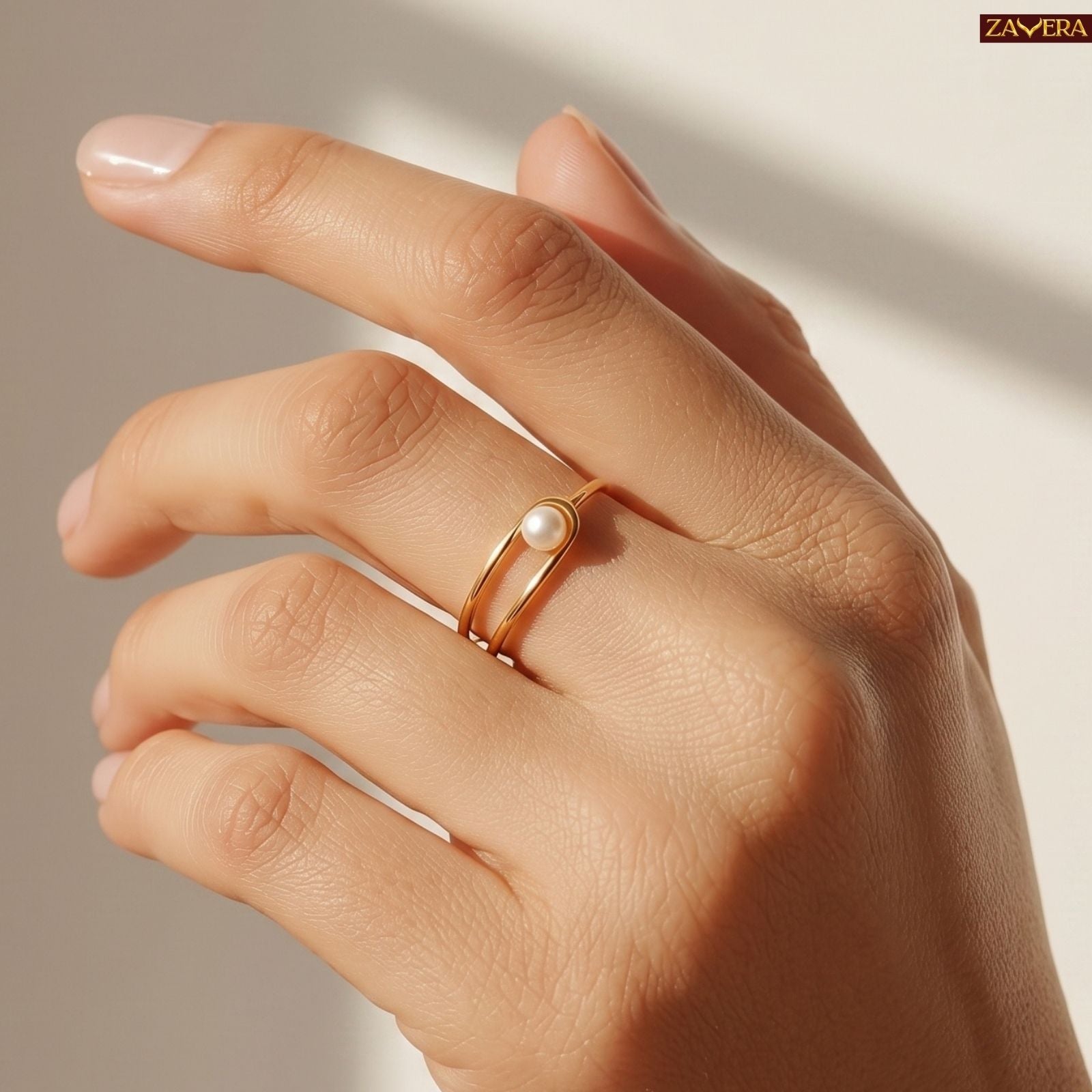 Zavera Brass 22K Modern Pearl Gold Plated Adjustable Ring For Women