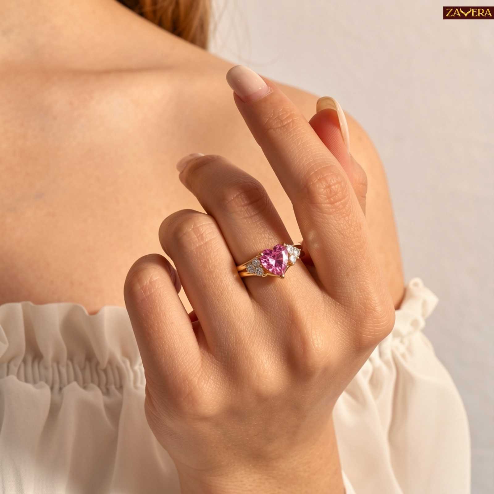 Zavera Gold Plated Pink  Heart Accent Adjustable Ring