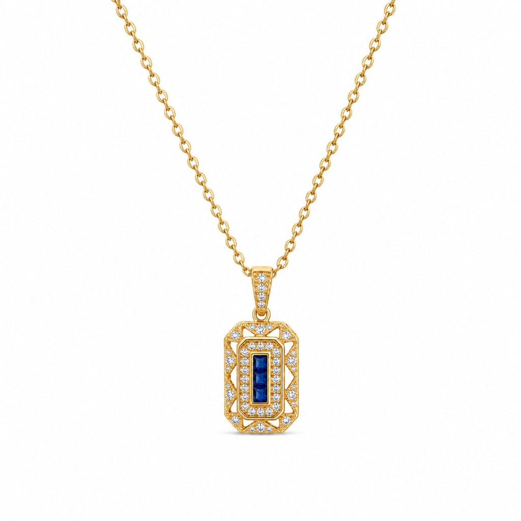 Zavera Gold Plated Art Deco Blue Sapphire CZ Pendant Necklace for Women
