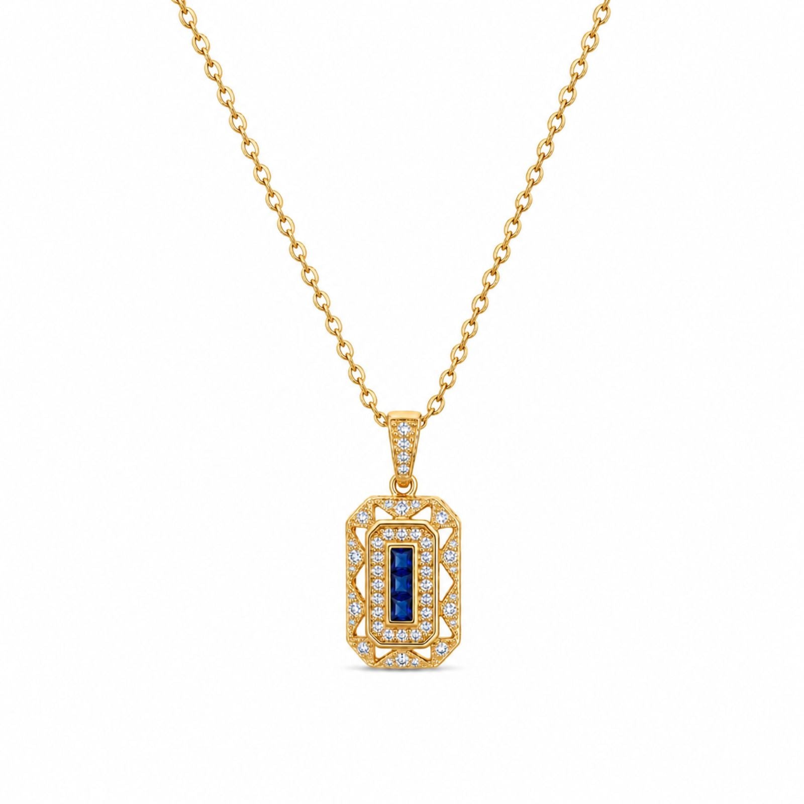 Zavera Gold Plated Art Deco Blue Sapphire CZ Pendant Necklace for Women