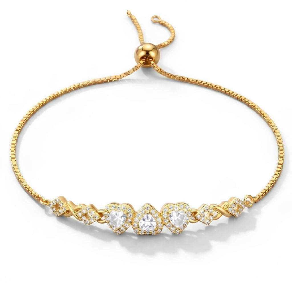 Zavera Gold Plated Trio Heart CZ Crystal Adjustable Bolo Slider Bracelet for Women