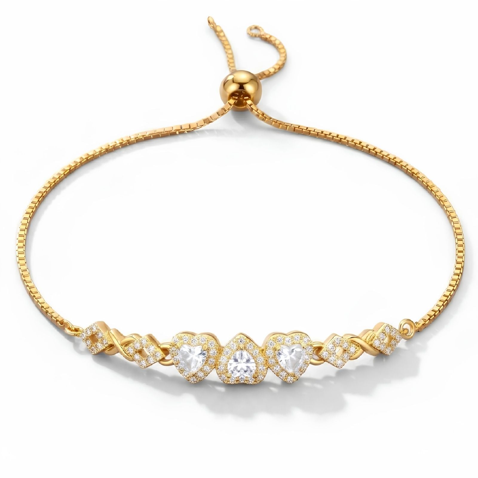 Zavera Gold Plated Trio Heart CZ Crystal Adjustable Bolo Slider Bracelet for Women