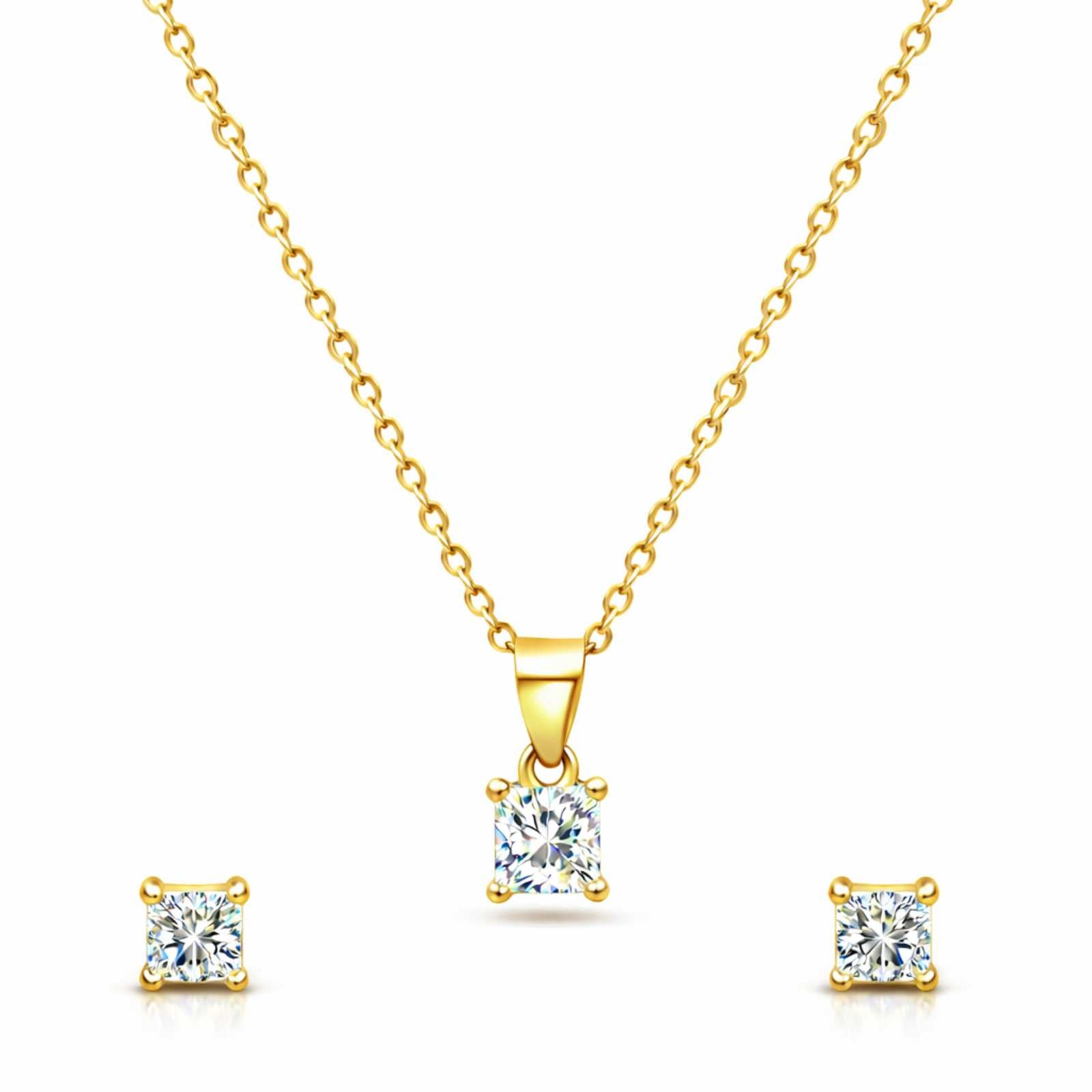 Zavera Square Solitaire Pendant with Earrings Set Gold Plated