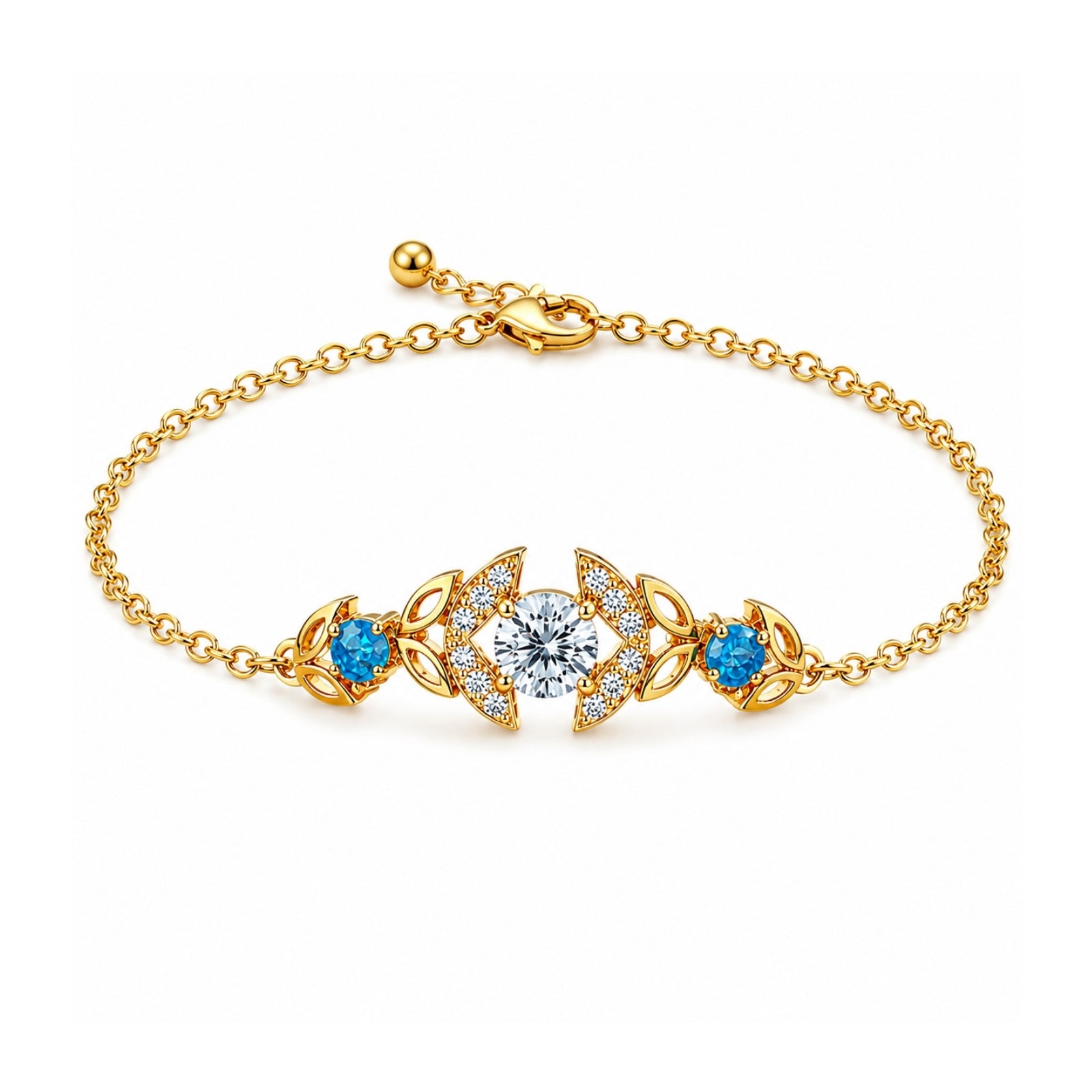 Zavera Gold Plated CZ Crystal & Blue Topaz Charm Bracelet for Women