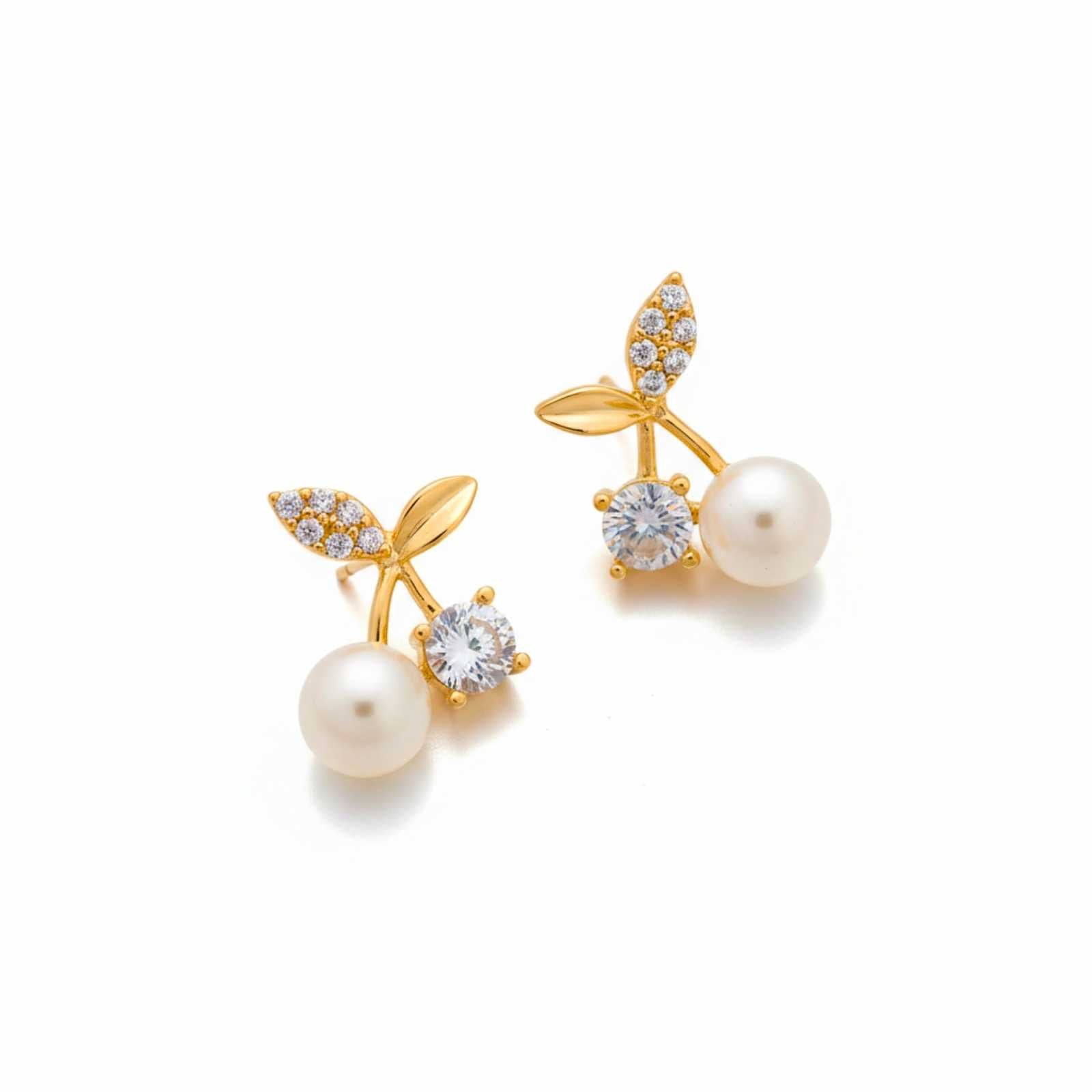 Cherry Pearl Gold Plated Stud Earrings For Women