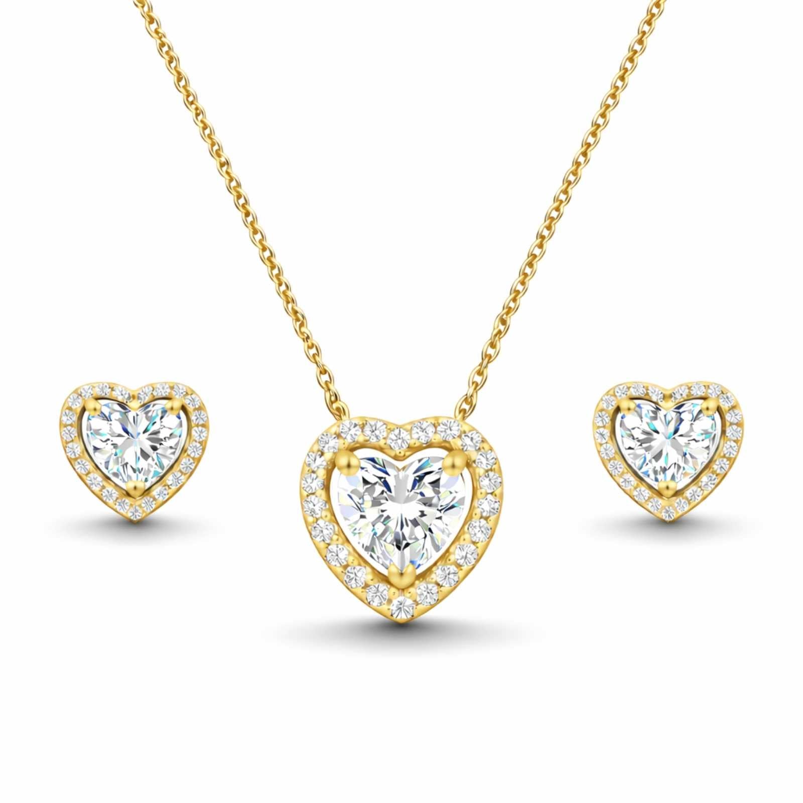 Zavera Heart Halo Diamond Gold Plated Pendant Set with Earrings