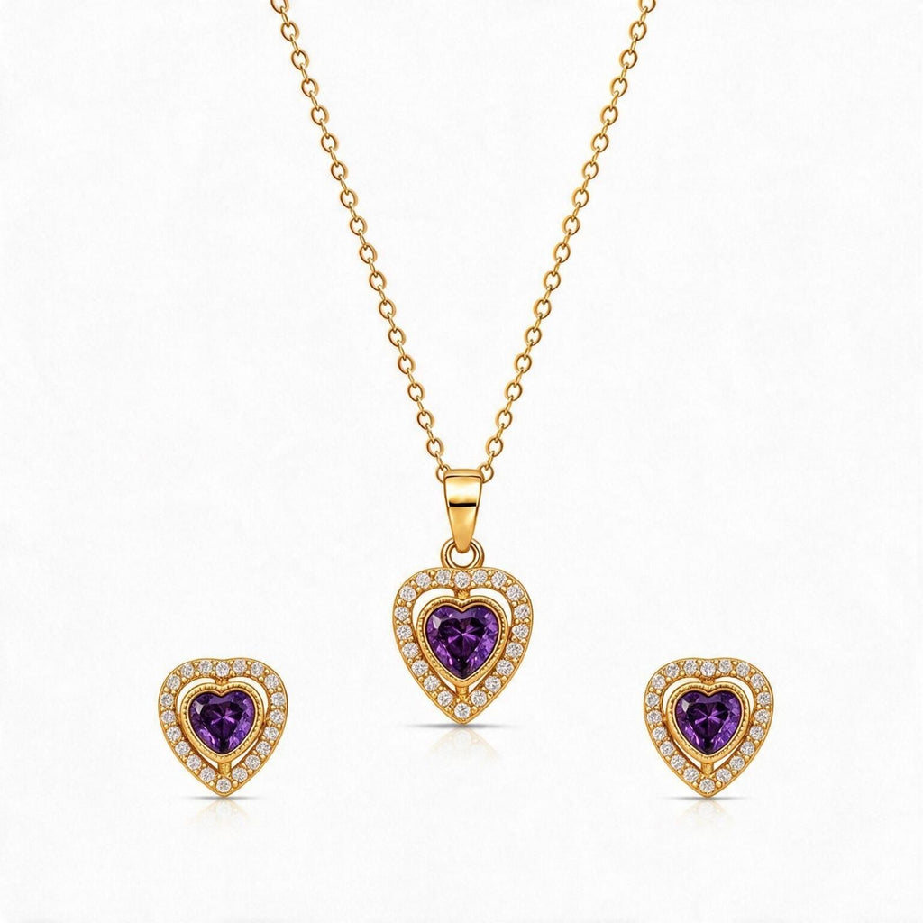 Zavera Gold Plated Purple Heart Pendant Necklace & Earrings Set for Women