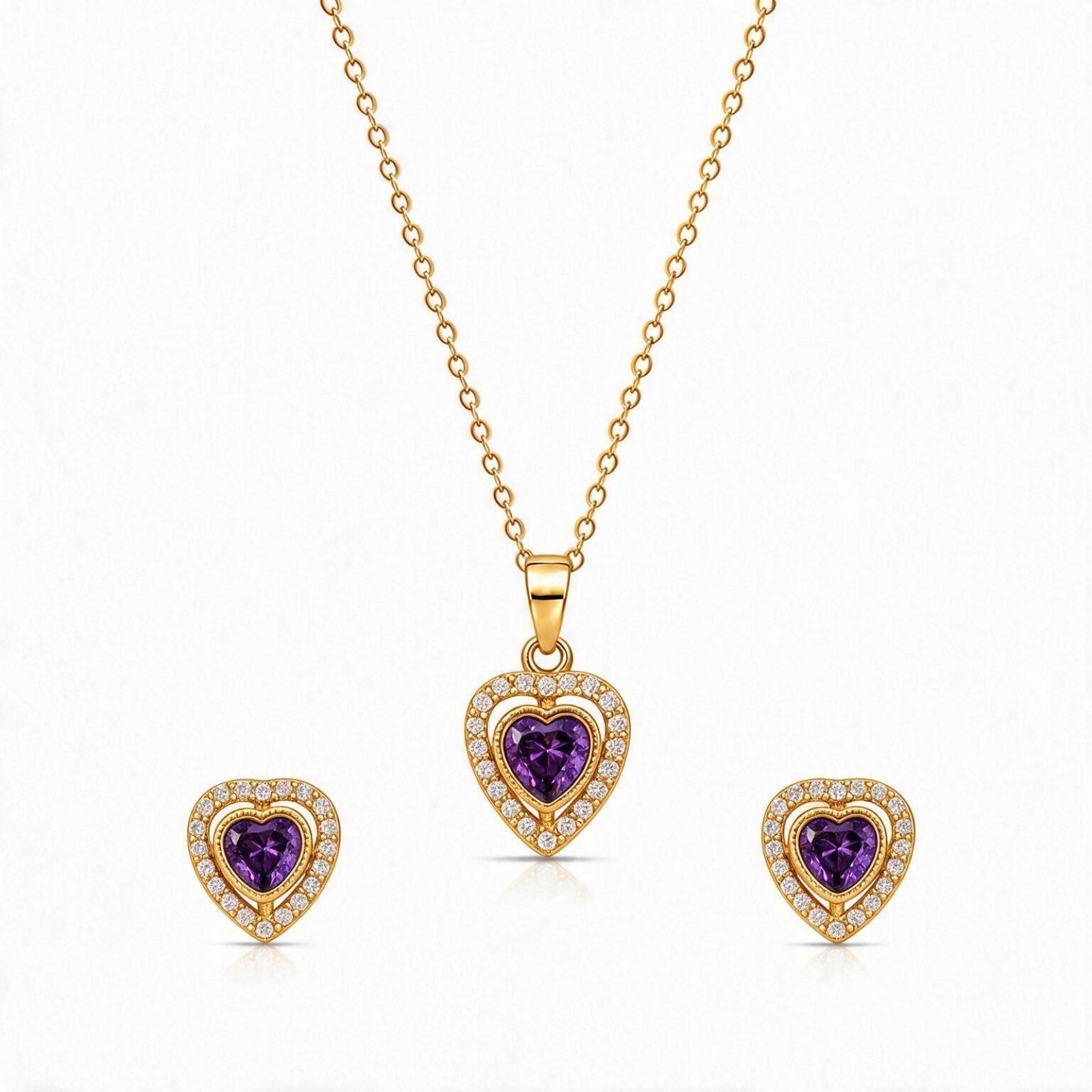 Zavera Gold Plated Purple Heart Pendant Necklace & Earrings Set for Women