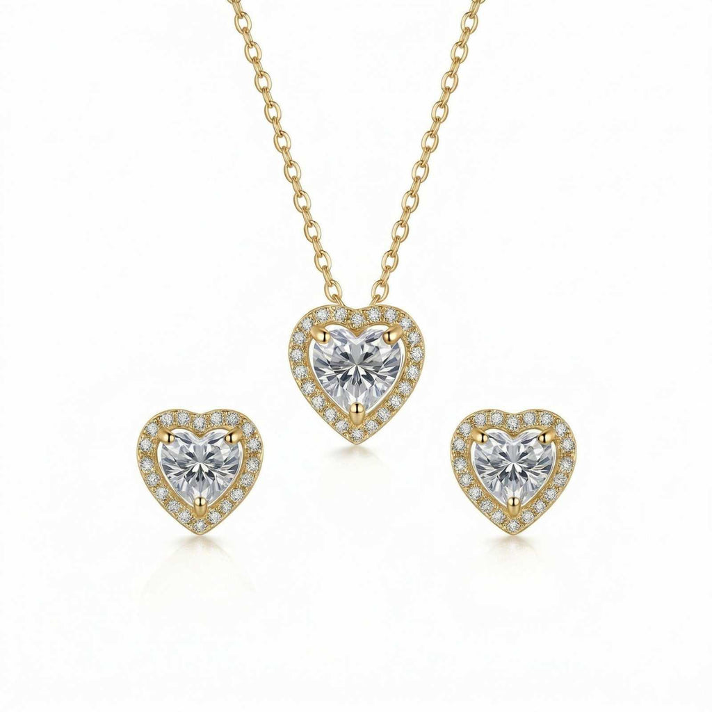 Zavera Gold Plated Crystal Heart Halo Pendant & Stud Earrings Pendant Set