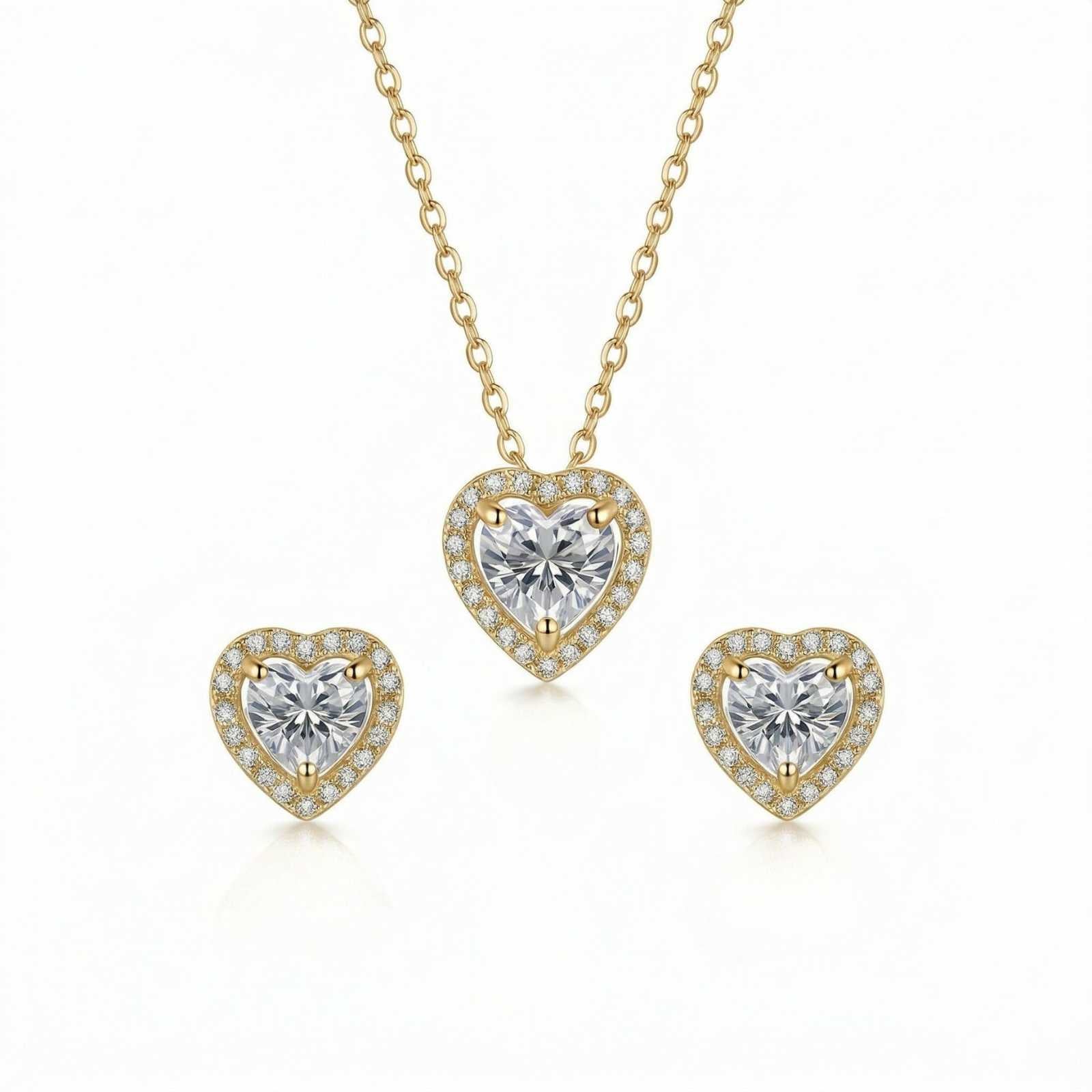 Zavera Gold Plated Crystal Heart Halo Pendant & Stud Earrings Pendant Set