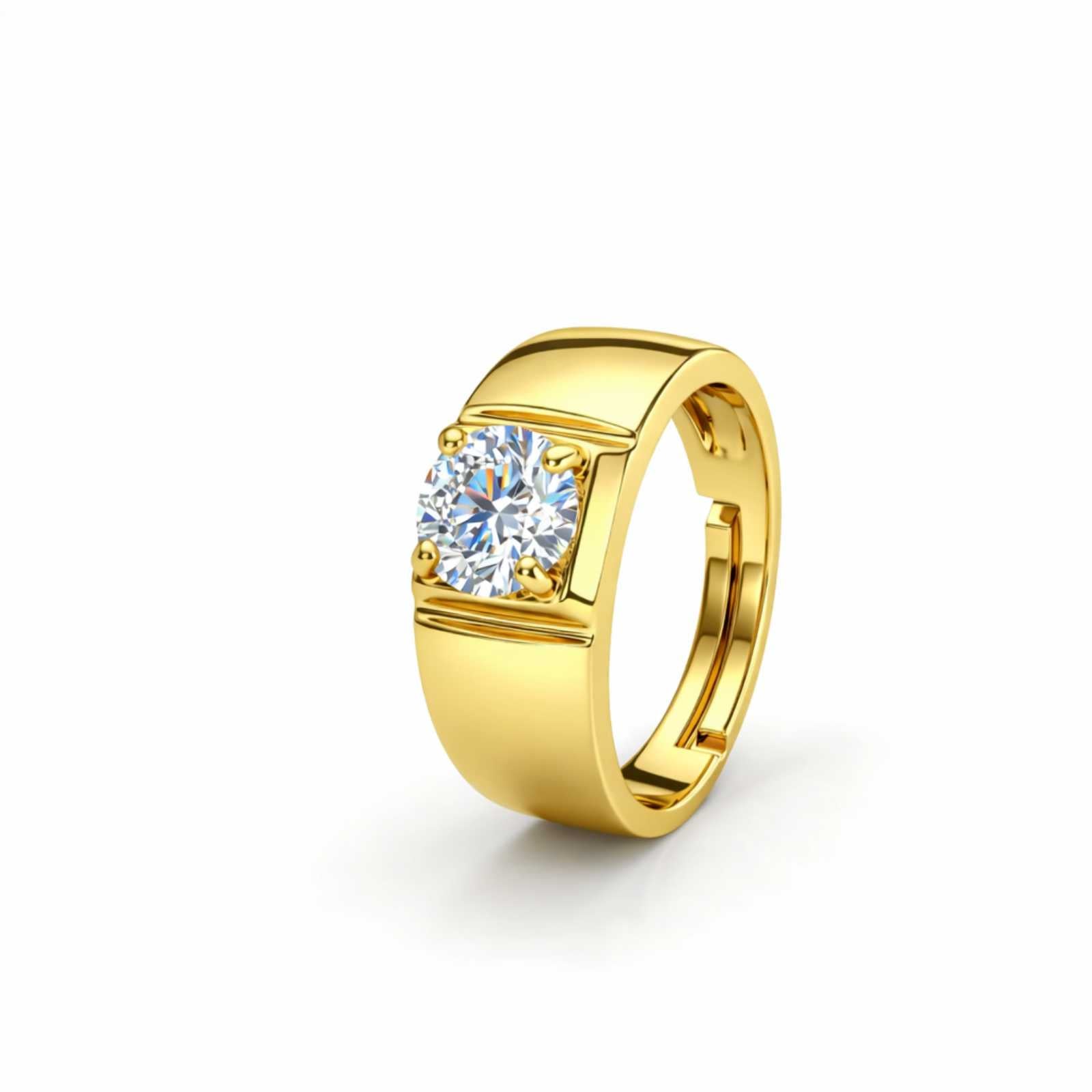 Zavera Men Round Solitaire Crystal Adjustable Ring Gold Plated