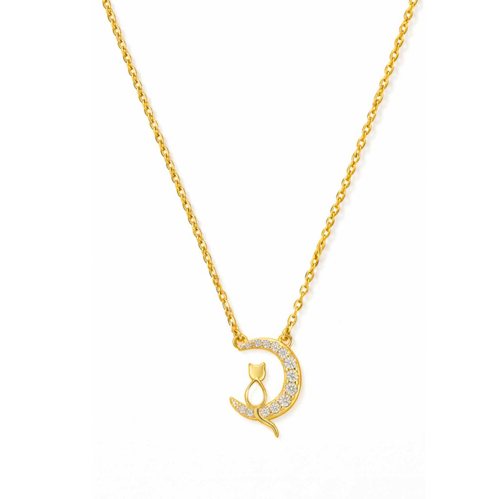 Zavera Gold Plated Crescent Moon Cat Pendant
