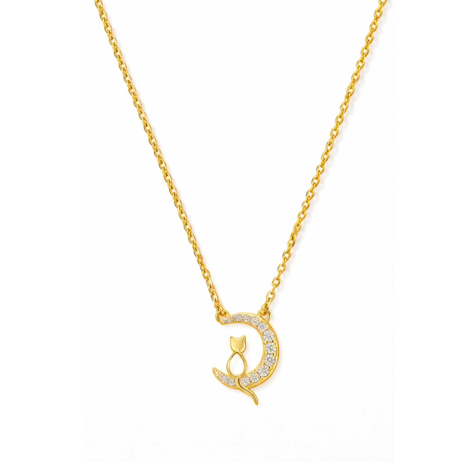 Zavera Gold Plated Crescent Moon Cat Pendant