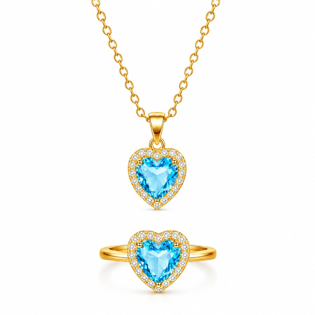 Zavera Gold Plated Blue Heart Jewelry Set | CZ Halo Pendant Necklace and Ring