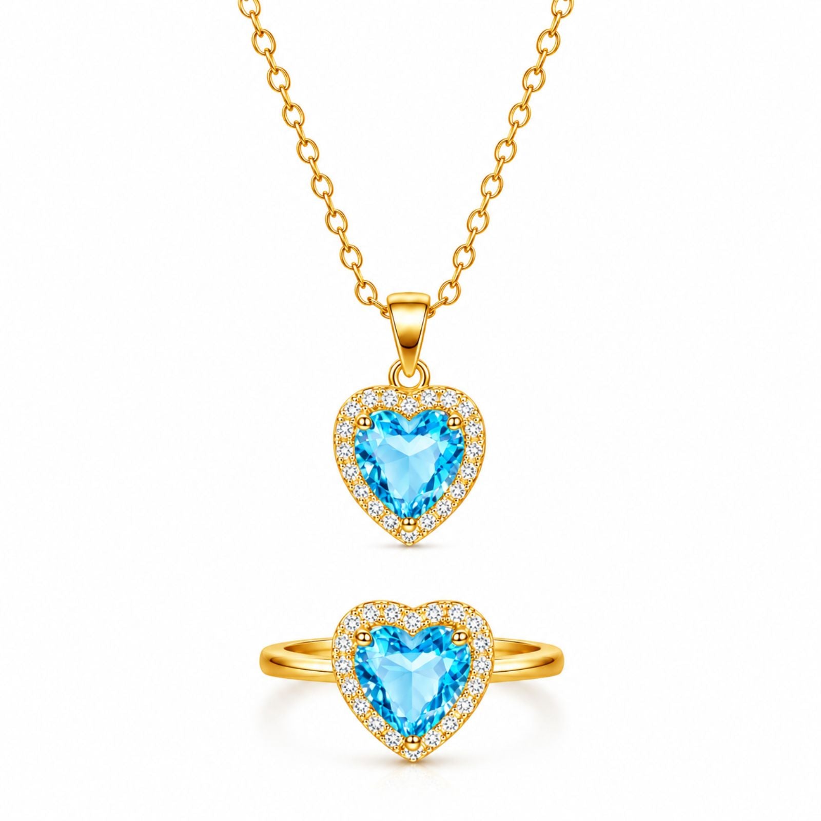 Zavera Gold Plated Blue Heart Jewelry Set | CZ Halo Pendant Necklace and Ring