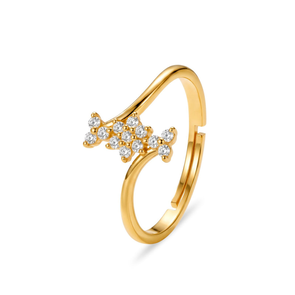 Zavera Brass 22K Floral American Diamond Gold Plated Adjustable Ring For Women