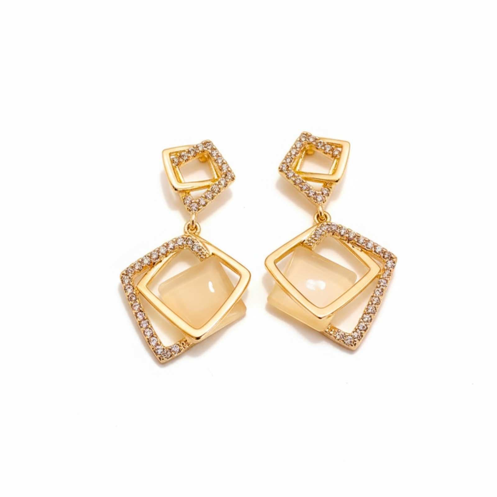 Geometric Crystal Square Gold Plated Drop Earrings For Women