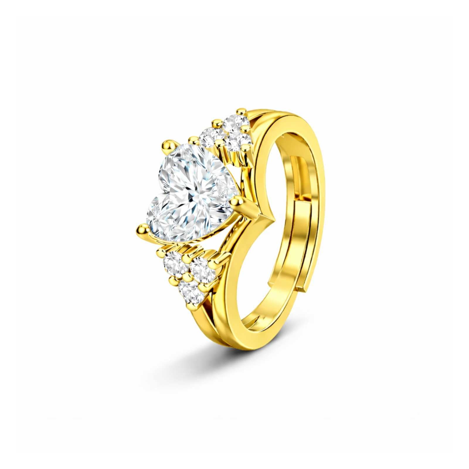Zavera Heart Shape Diamond Gold Plated Adjustable Ring