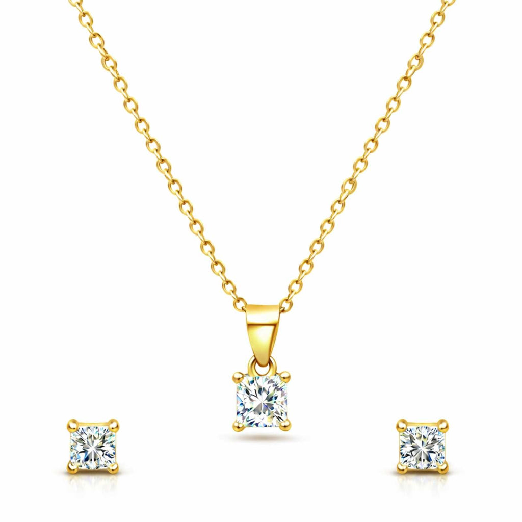Zavera Square Solitaire Diamond Gold Plated Pendant Set with Earrings