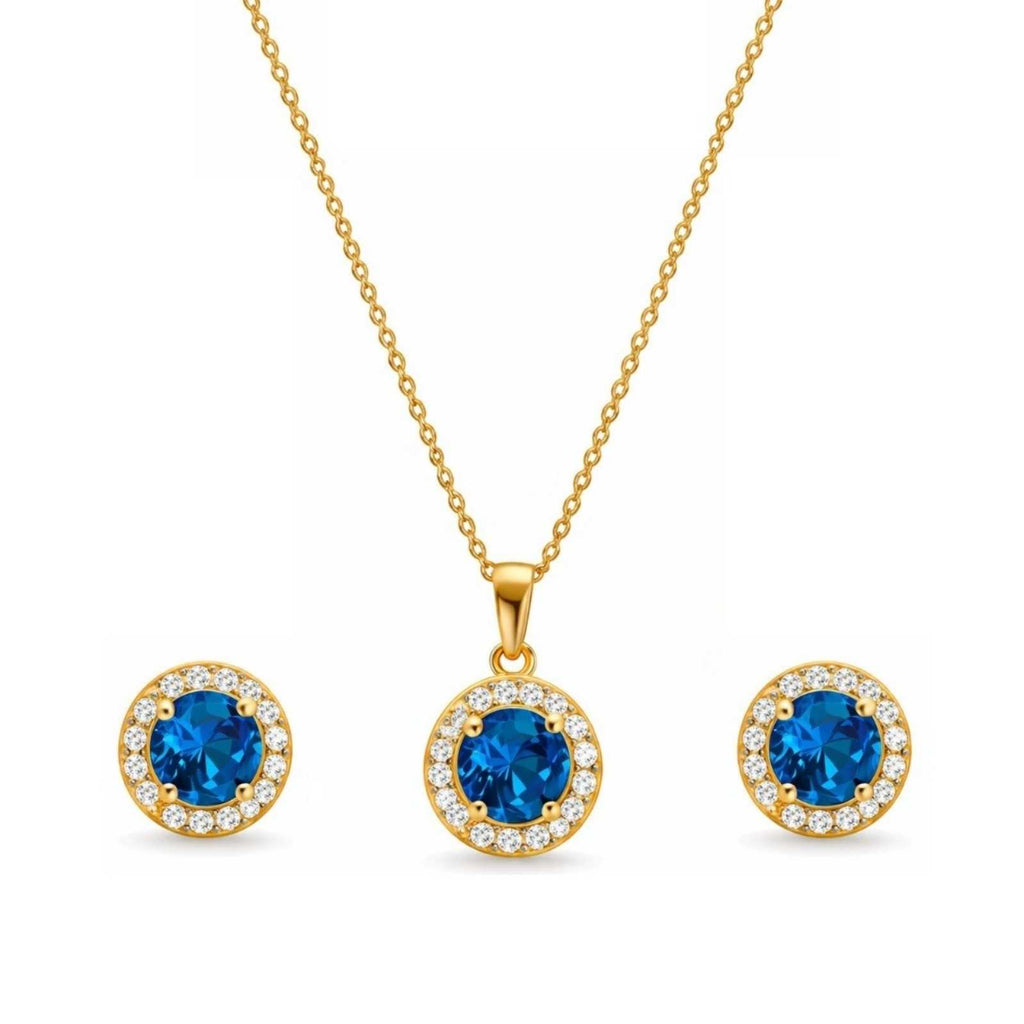 Zavera Blue Stone Halo Diamond Gold Plated Pendant Set with Earrings