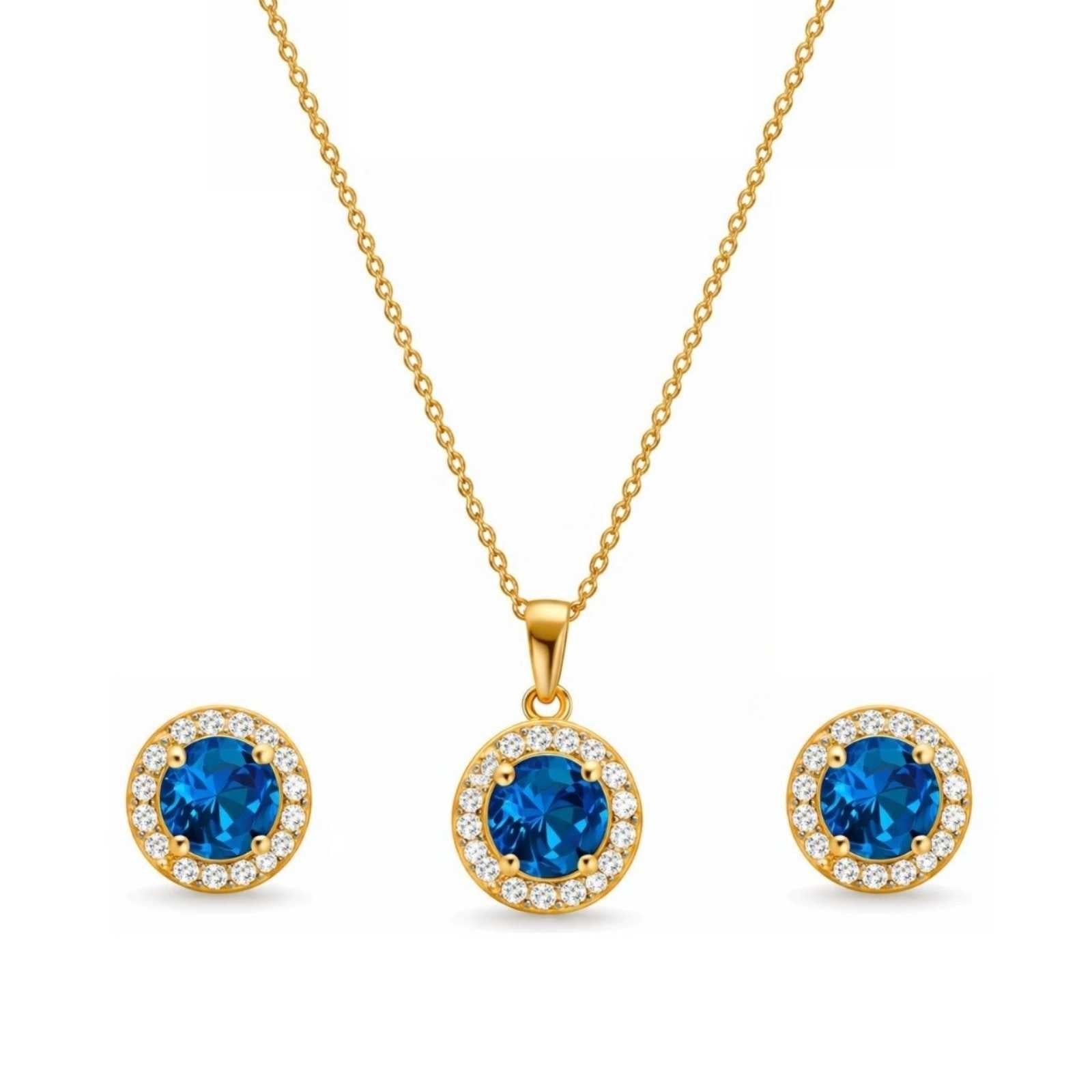 Zavera Blue Stone Halo Diamond Gold Plated Pendant Set with Earrings