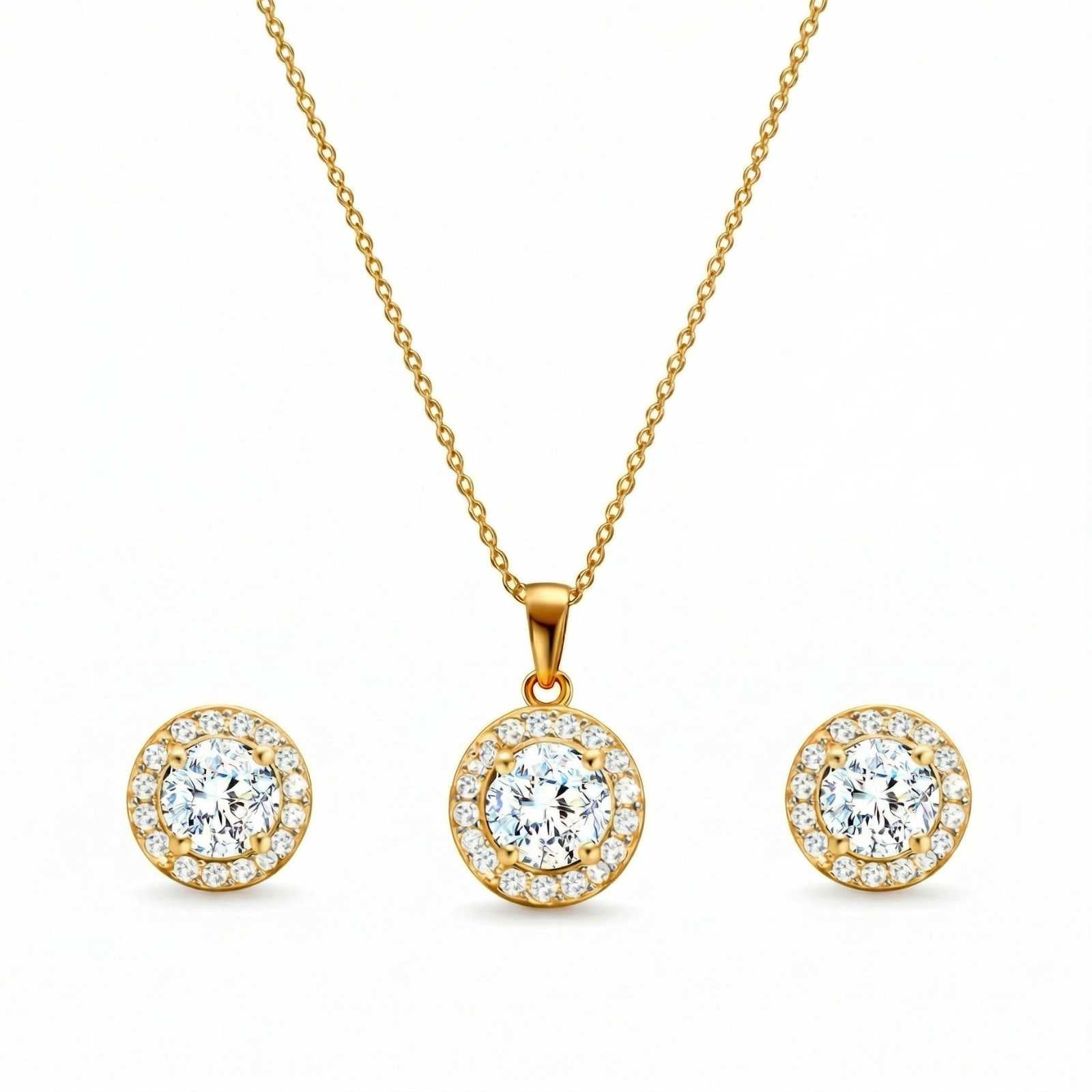Zavera Round Halo Pendant with Earrings Set Gold Plated