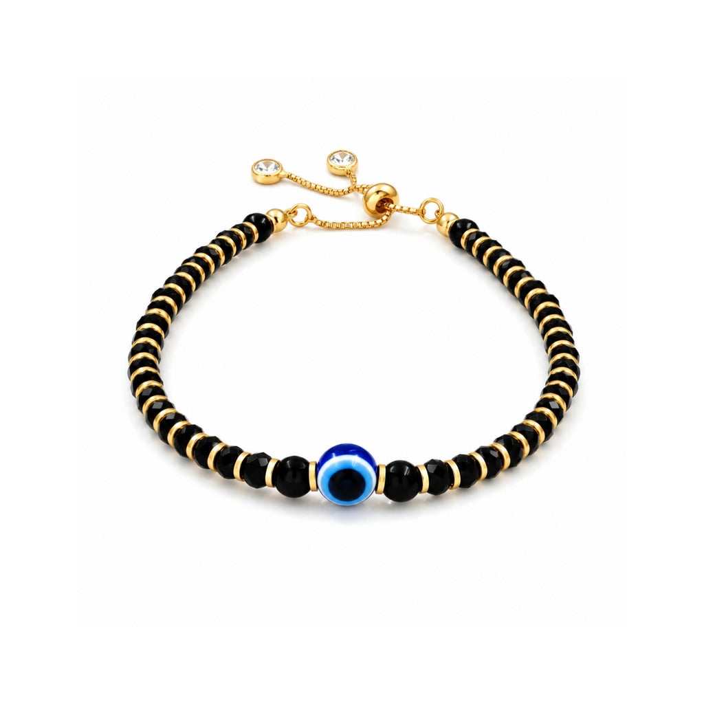 Zavera Gold Plated Black Beaded Evil Eye Bracelet for Women