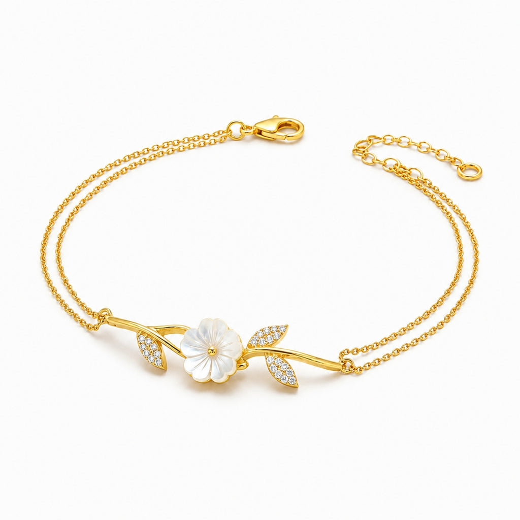 Zavera Gold Plated Carved Mother of Pearl Floral CZ Branch Bracelet for Women