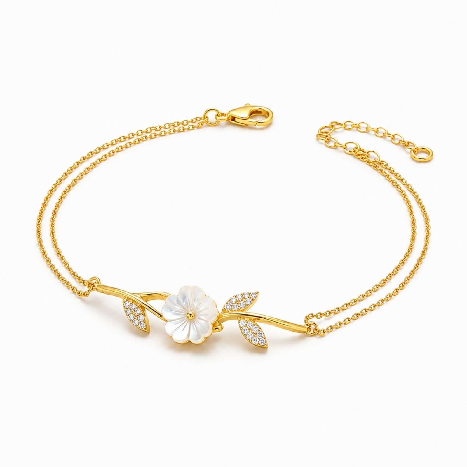 Zavera Gold Plated Carved Mother of Pearl Floral CZ Branch Bracelet for Women