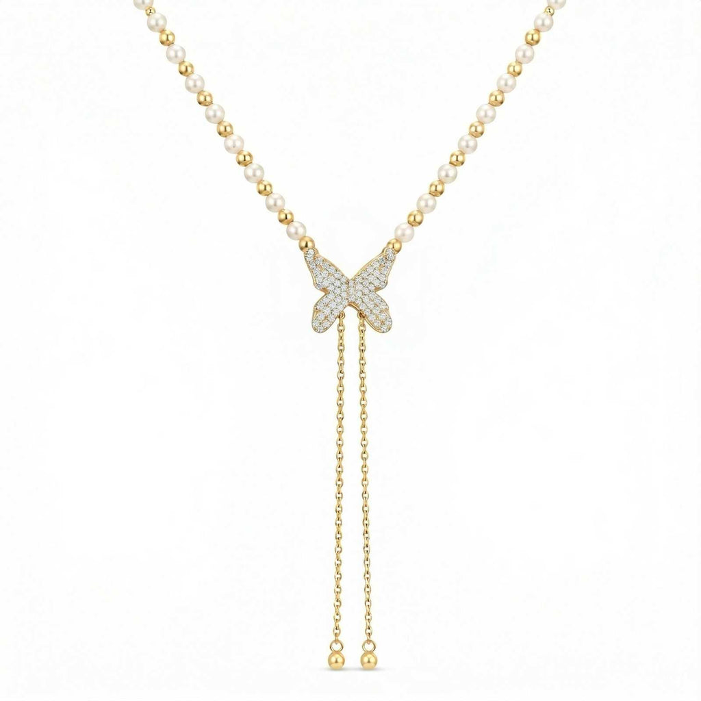 Zavera Butterfly Pearl Chain Diamond Gold Plated Necklace