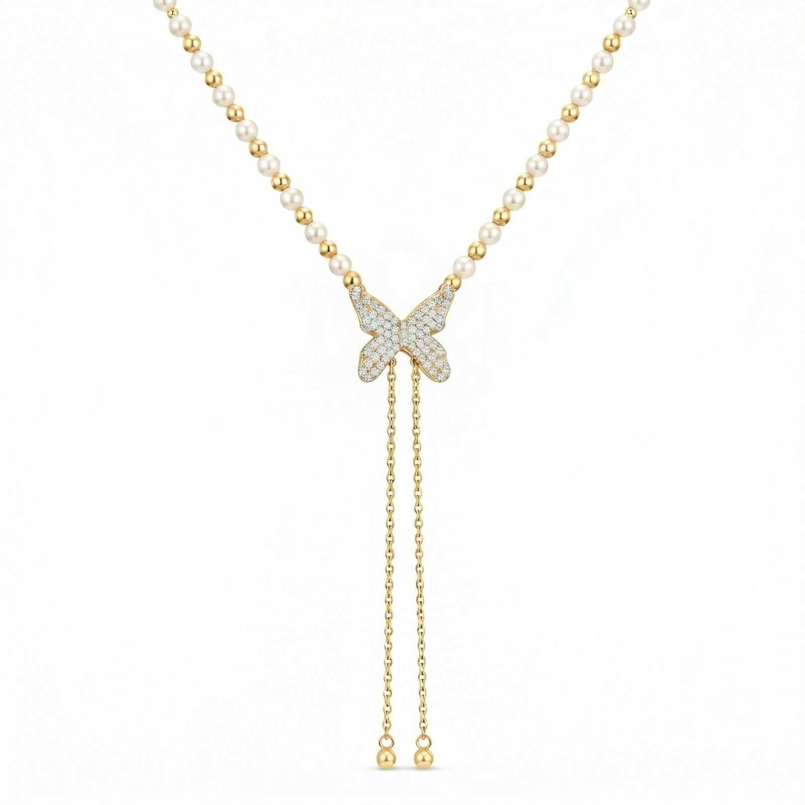 Zavera Butterfly Pearl Chain Diamond Gold Plated Necklace