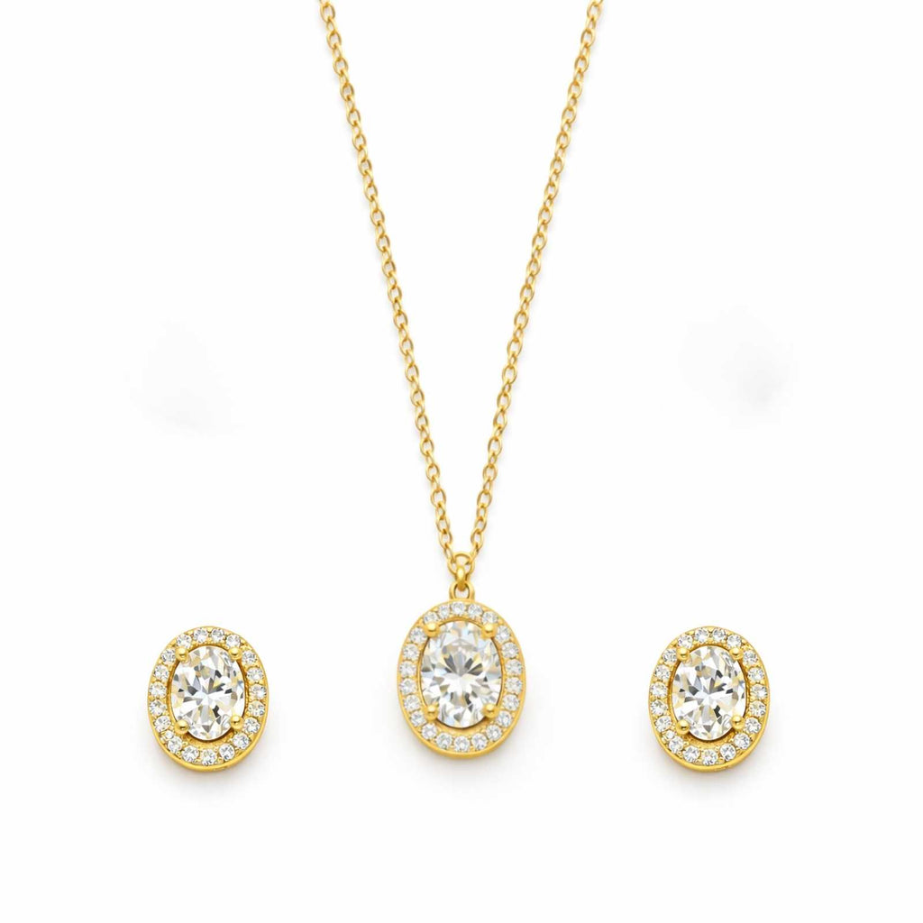 Zavera Gold Plated Oval Crystal Halo Pendant Set with Matching Earrings