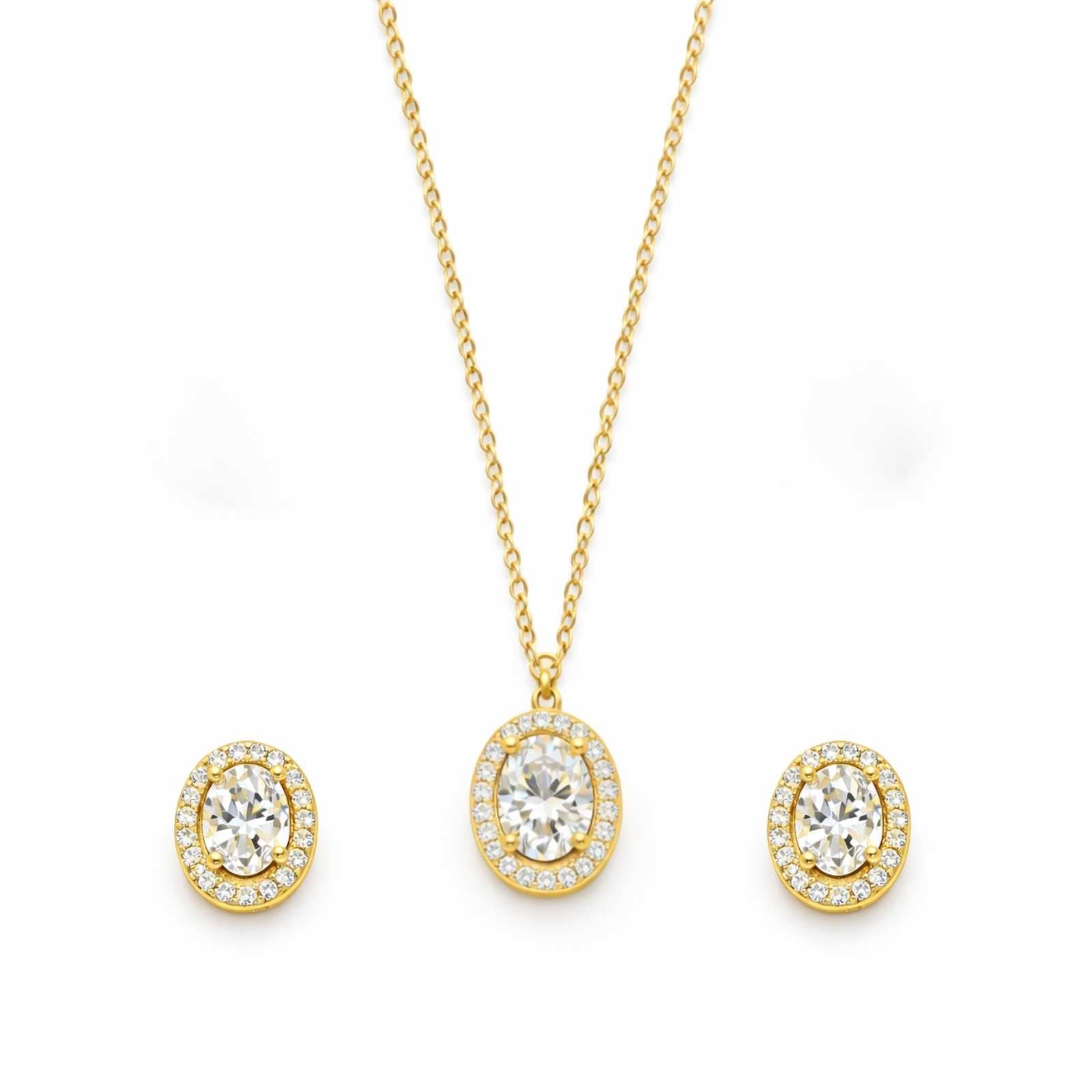 Zavera Gold Plated Oval Crystal Halo Pendant Set with Matching Earrings