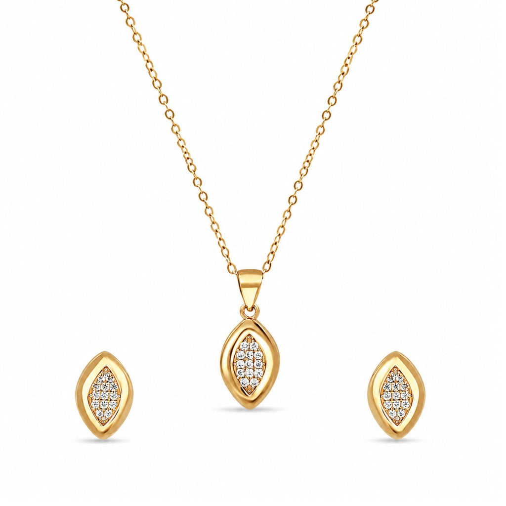 Zavera Pave Crystal Eye-Shaped Gold Pendant and Earring Set for Women