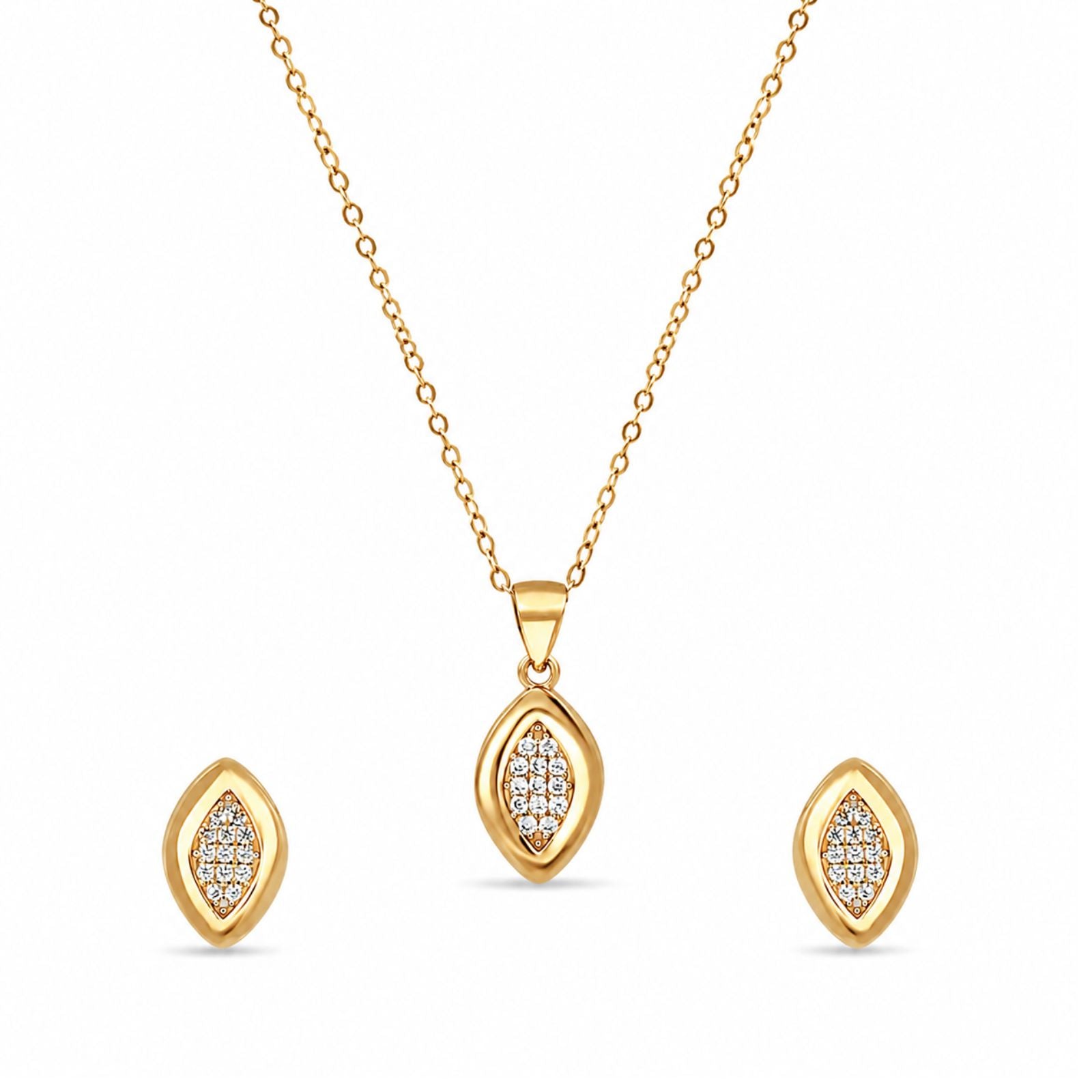 Zavera Pave Crystal Eye-Shaped Gold Pendant and Earring Set for Women