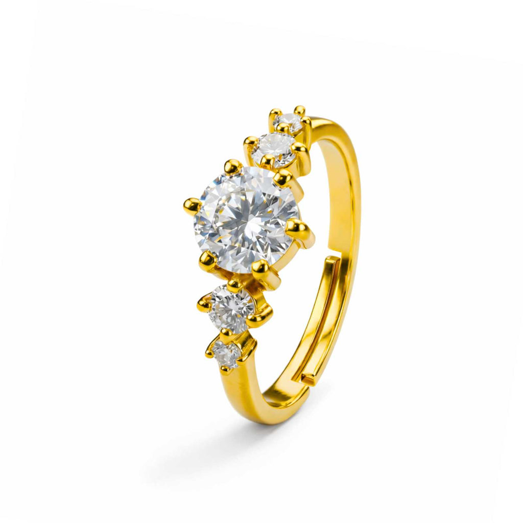 Zavera Round Solitaire Crystal Adjustable Ring Gold Plated