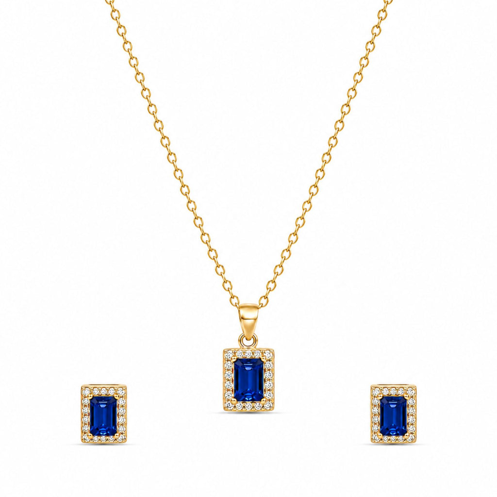 Zavera Rectangular Blue Crystal Halo Pendant Necklace and Earring Set for Women