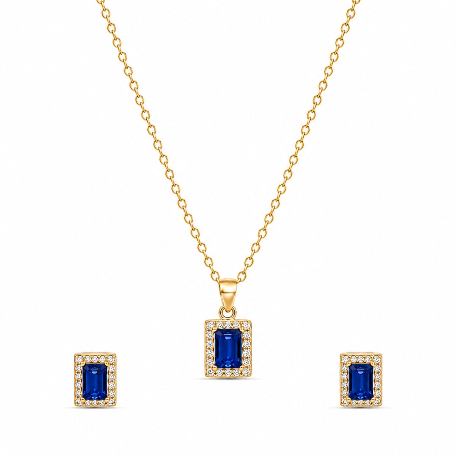 Zavera Rectangular Blue Crystal Halo Pendant Necklace and Earring Set for Women