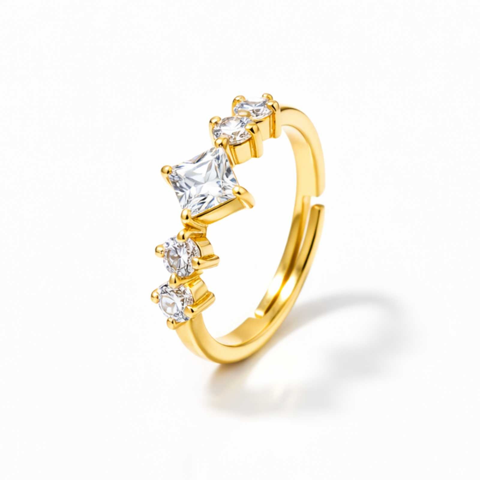 Zavera Square Solitaire Crystal Adjustable Ring Gold Plated
