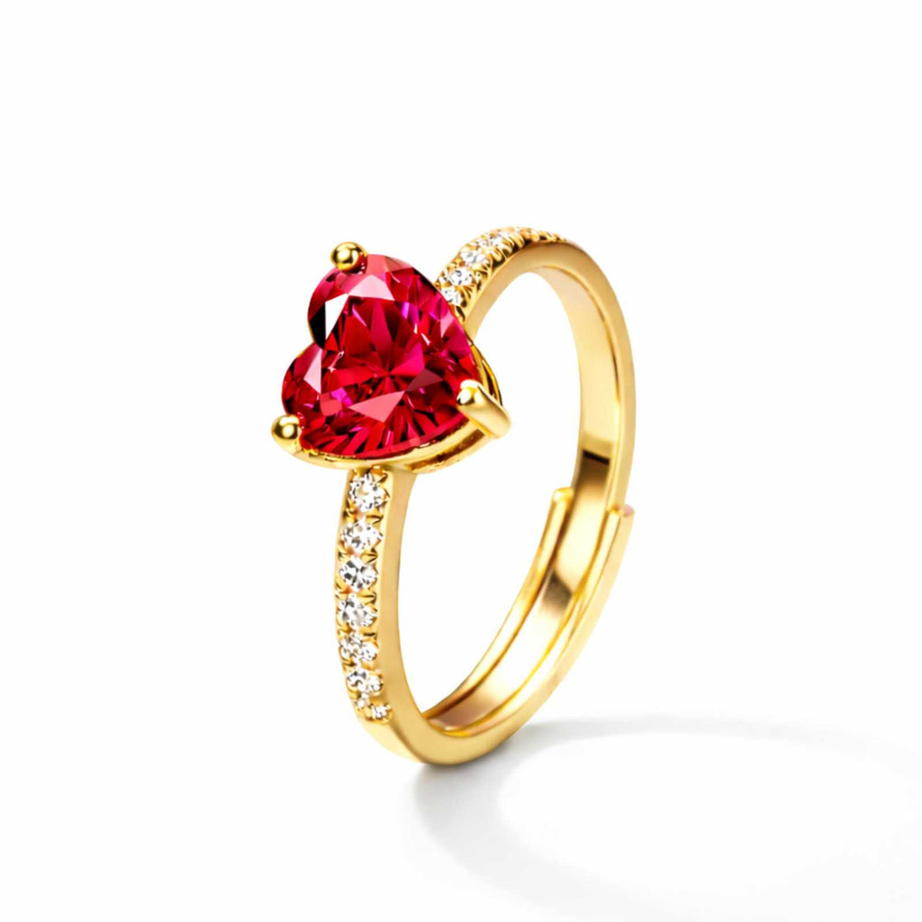 Gold Plated Blazing Red Heart Adjustable  Ring