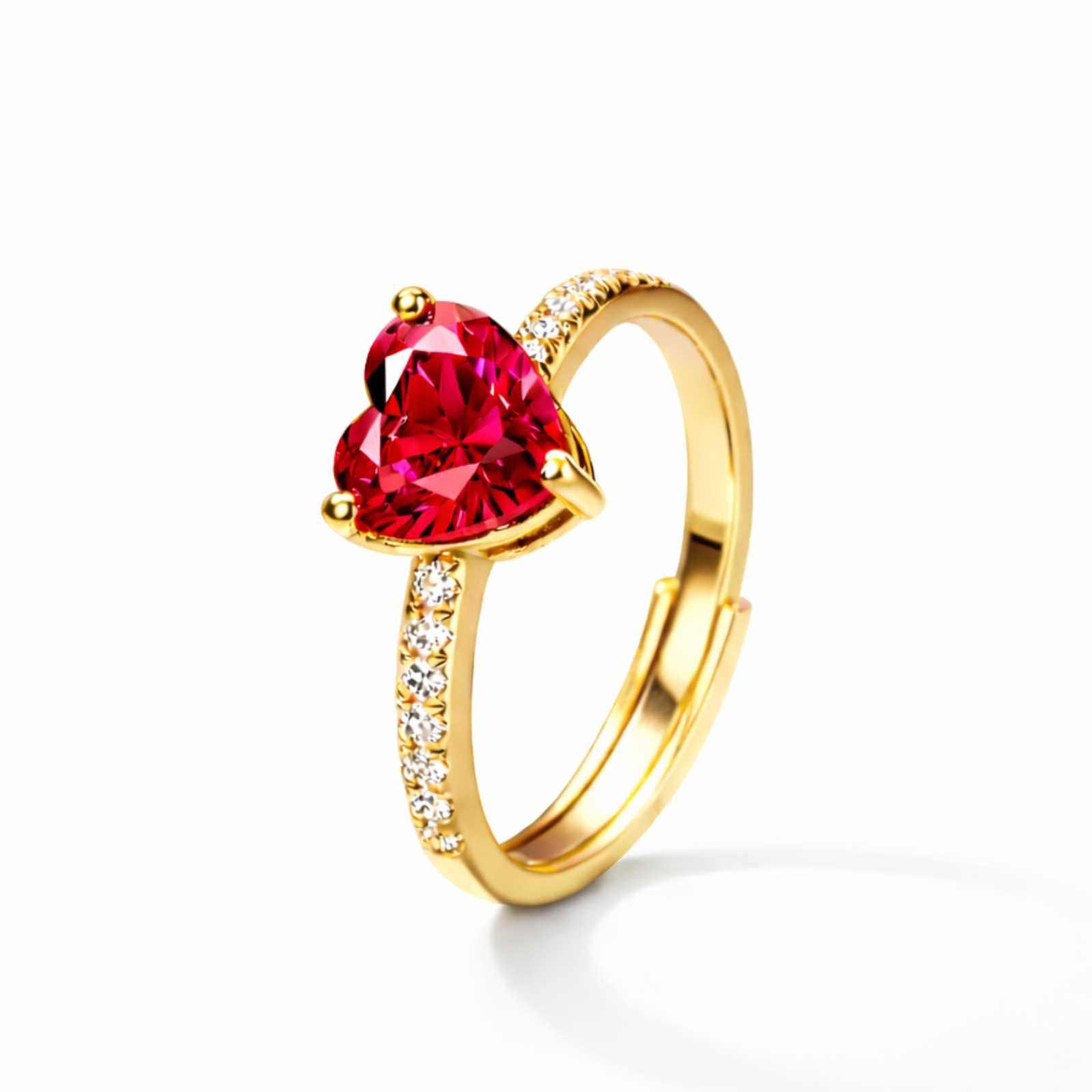 Gold Plated Blazing Red Heart Adjustable  Ring