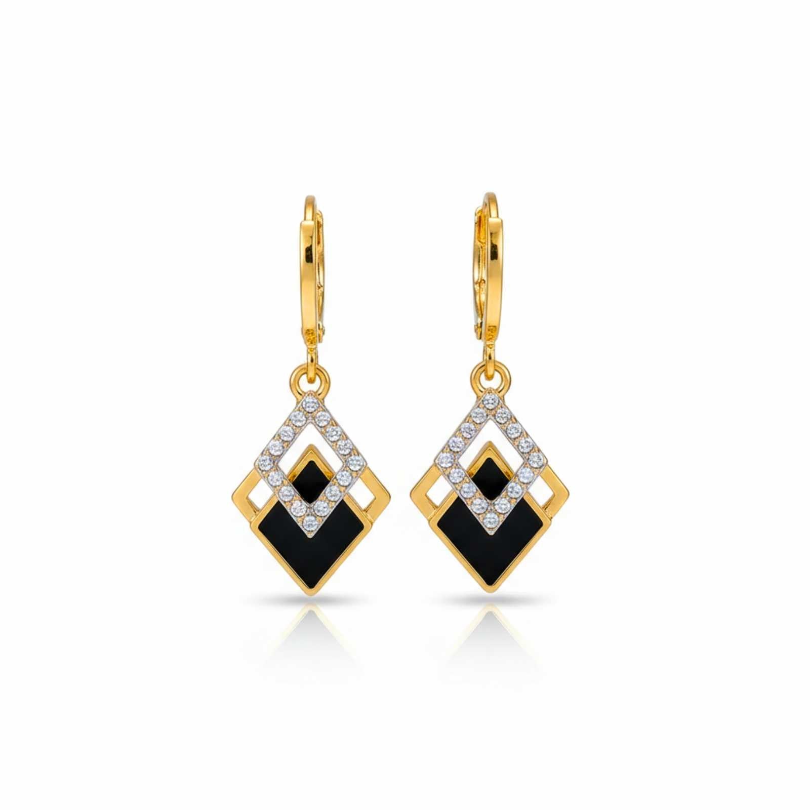 Black Enamel Square Gold Plated Earrings For Women