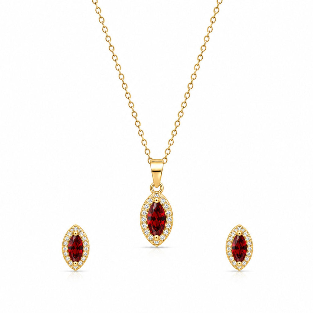 Zavera Gold Plated Ruby Red Marquise Pendant & Earrings Set For Women