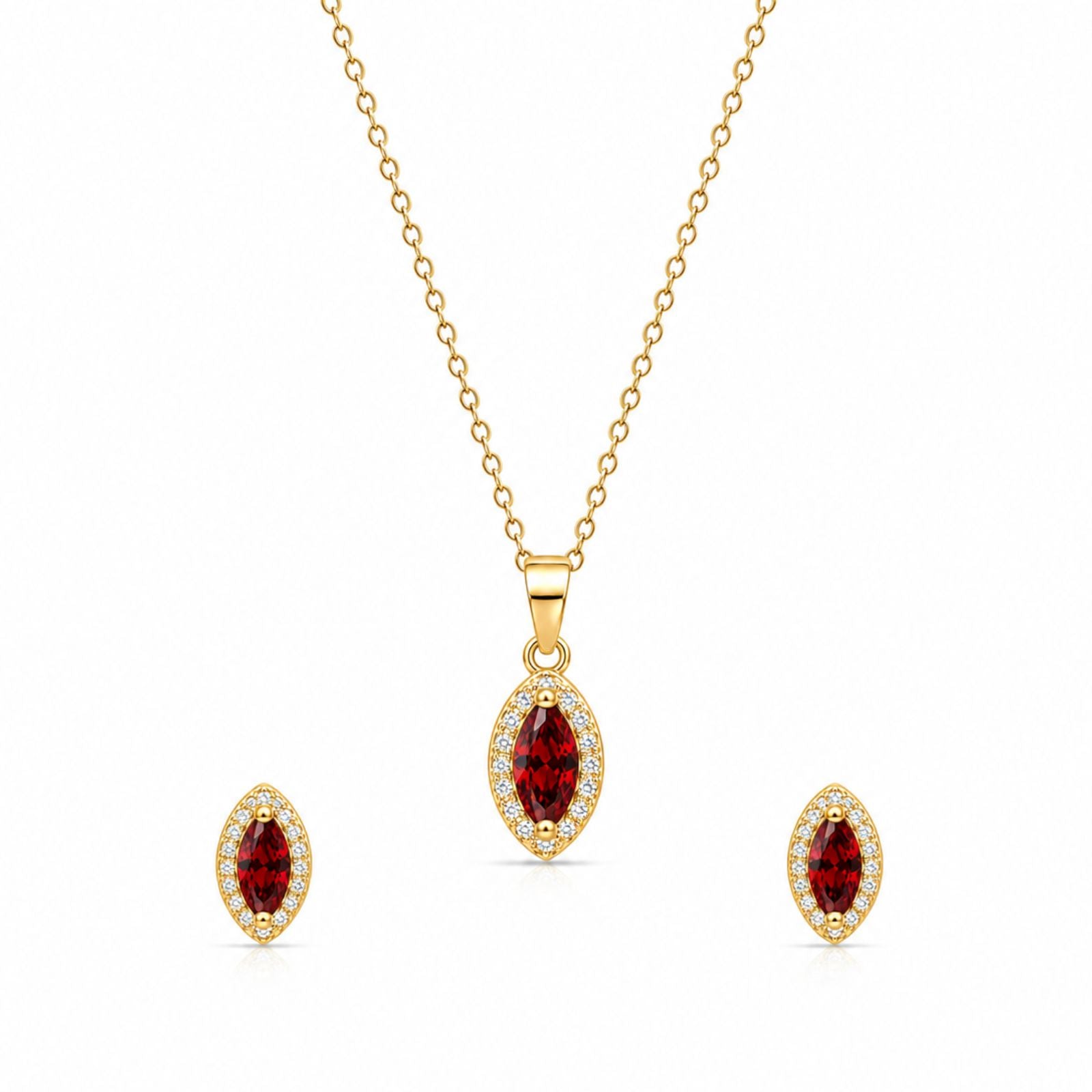 Zavera Gold Plated Ruby Red Marquise Pendant & Earrings Set For Women