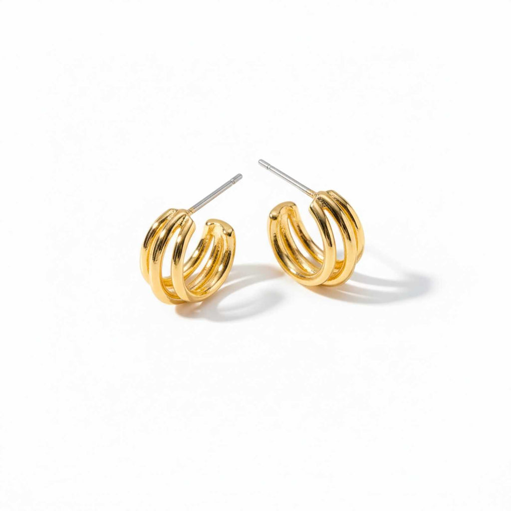 Minimal Triple Ring Gold Plated Earrings For Women