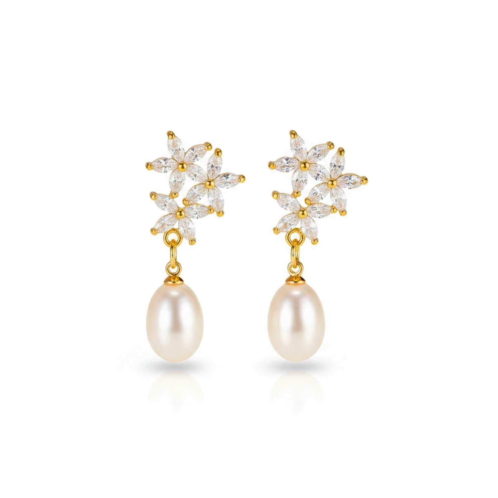 Elegant Floral Pearl Gold Plated Drop Earrings For Women
