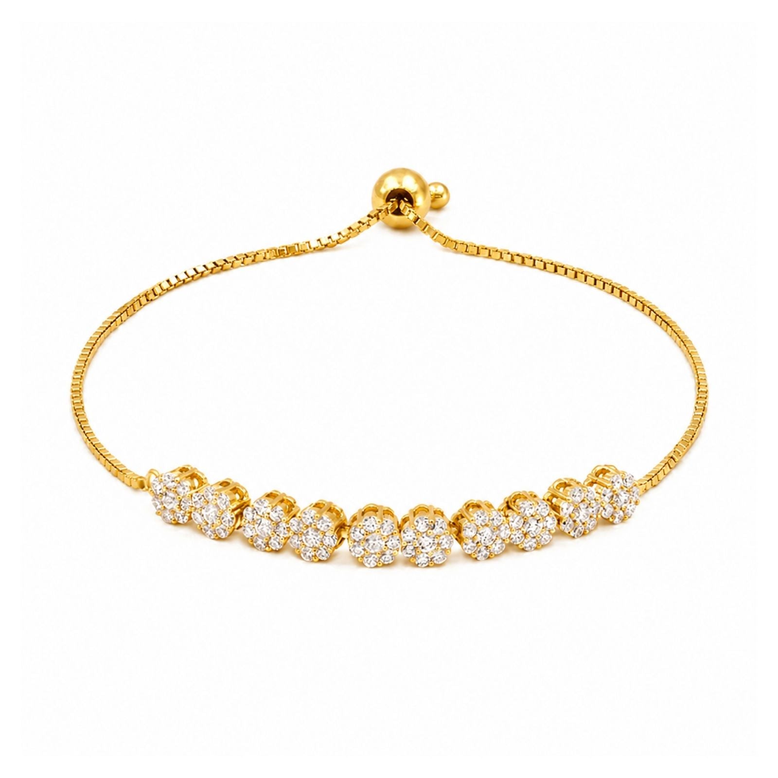Zavera Gold Plated Round Floral Pave CZ Cluster Adjustable Bolo Bracelet for Women