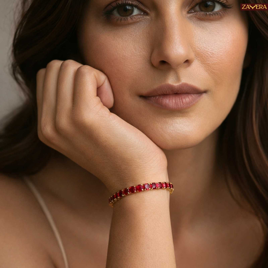 Minimal Red Gemstone Gold Plated Bracelet For Women